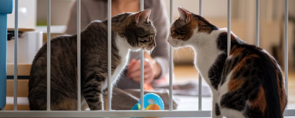cats being introduced between a baby gate