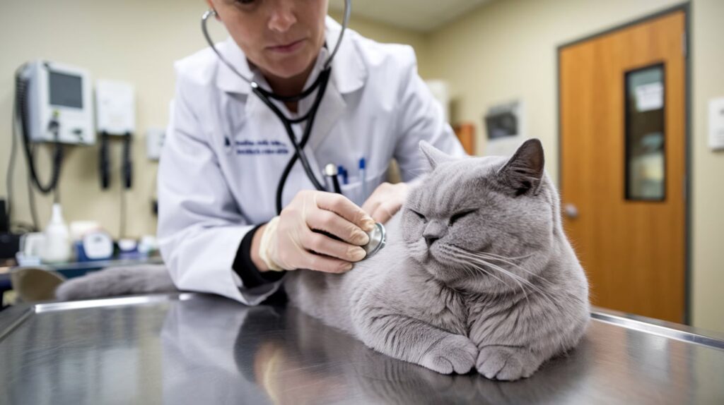 A British Shorthair cat being examined by a vet, focusing on heart health and screenings for hypertrophic cardiomyopathy.