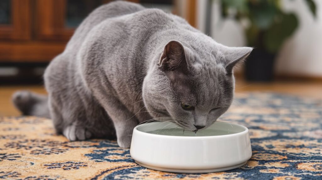 A British Shorthair cat drinking water from a bowl