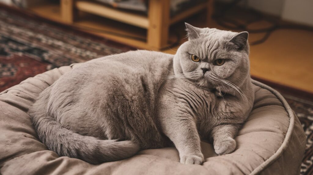 A British Shorthair cat resting on a bed, showing signs of being overweight