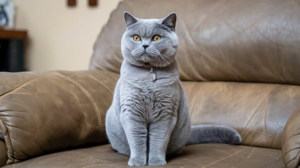A British Shorthair cat resting on a couch, displaying a shiny coat and healthy appearance