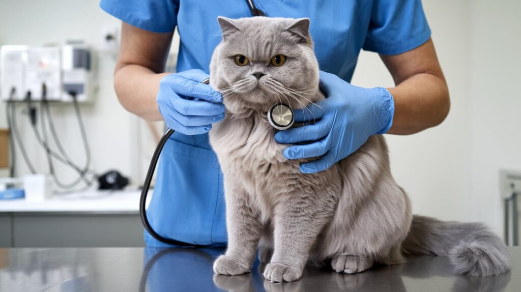 British Shorthair cat at the vet for health screening, emphasizing health considerations before adopting or buying.