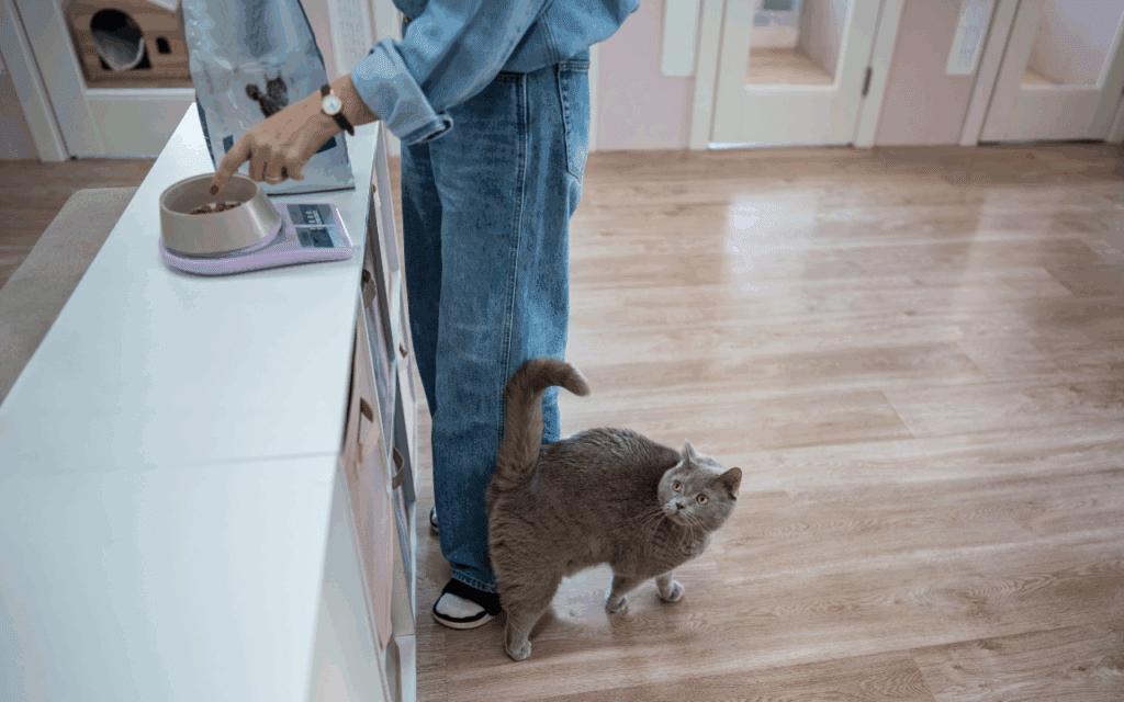 owner measuring out cat food portion