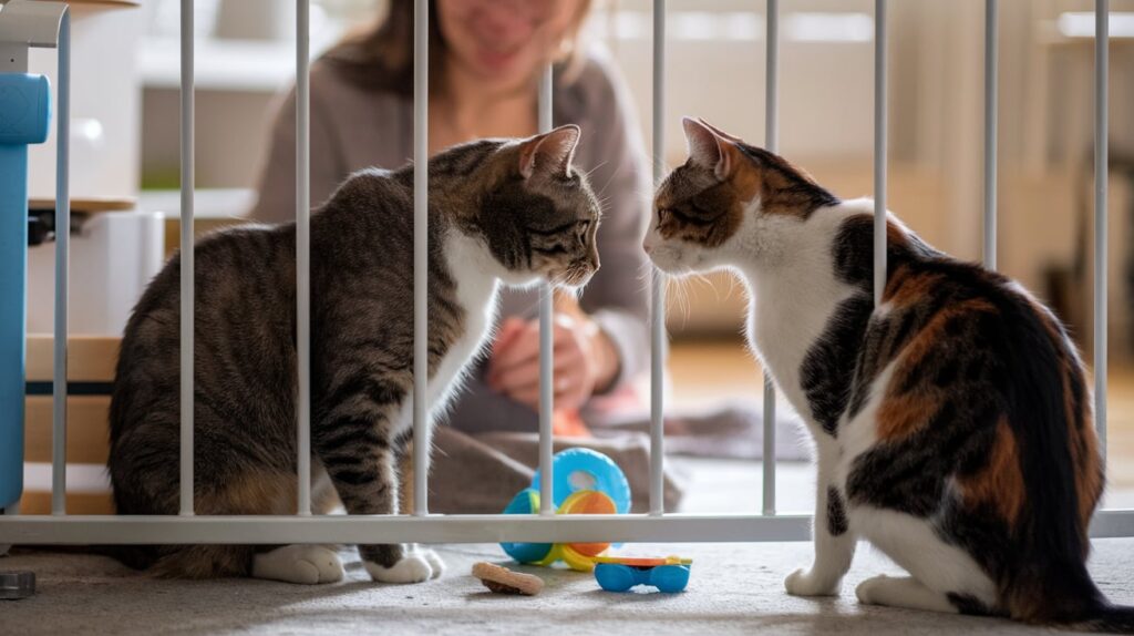 cats being introduced between a baby gate