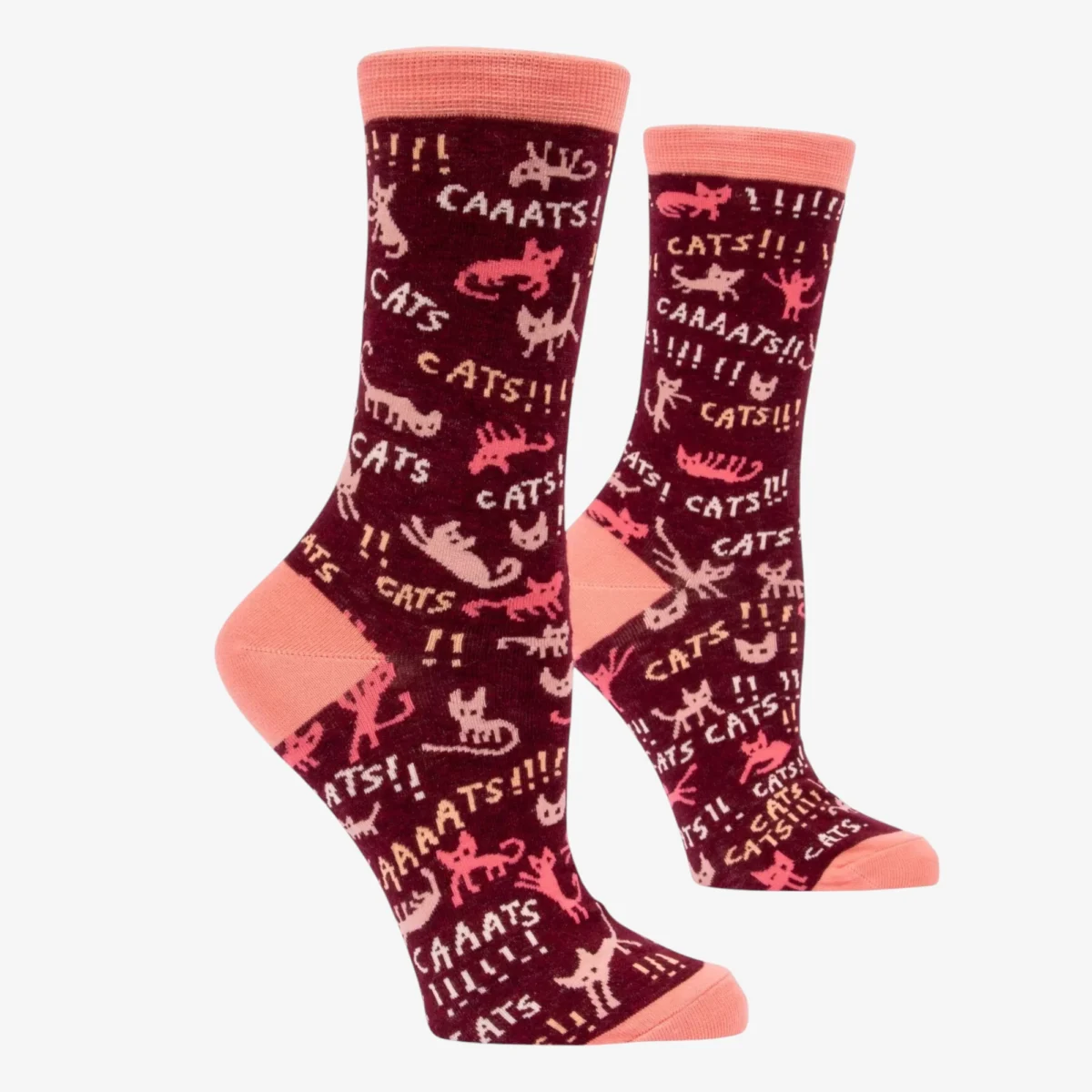 Maroon socks with cat text and silhouettes