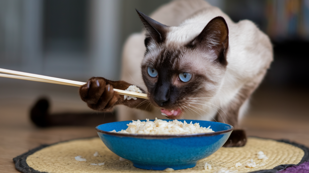 Siamese cat eating rice