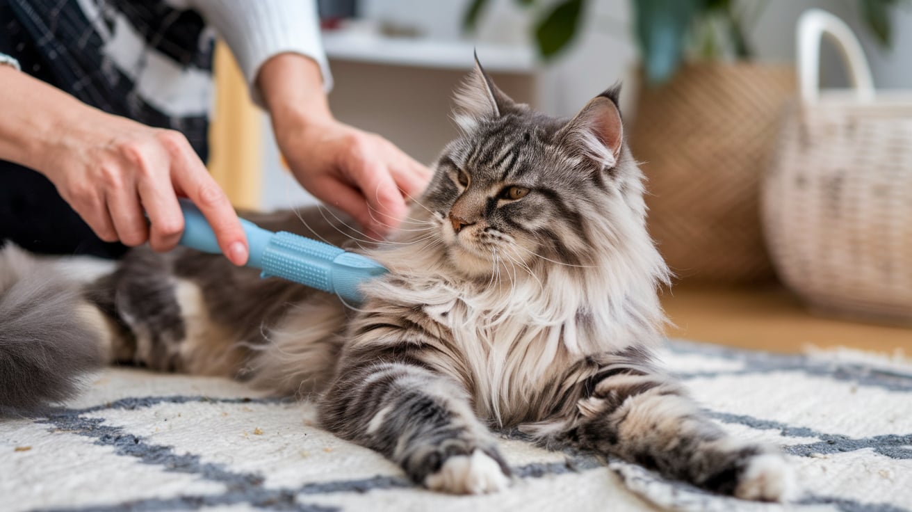 maine coon cat being brushed
