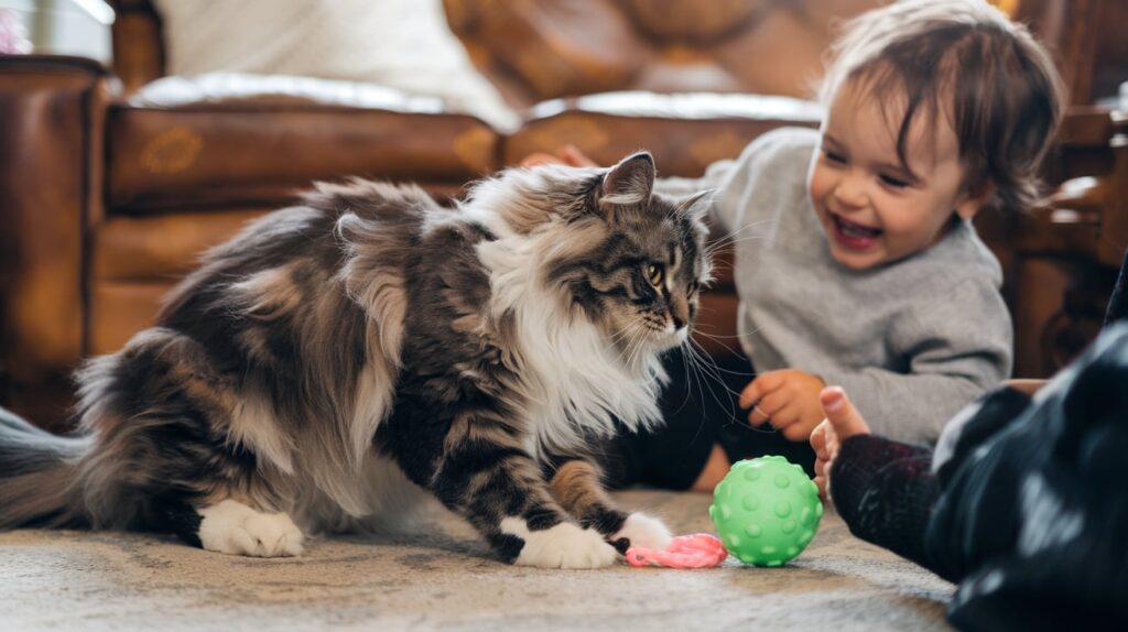 maine coon cat with a child