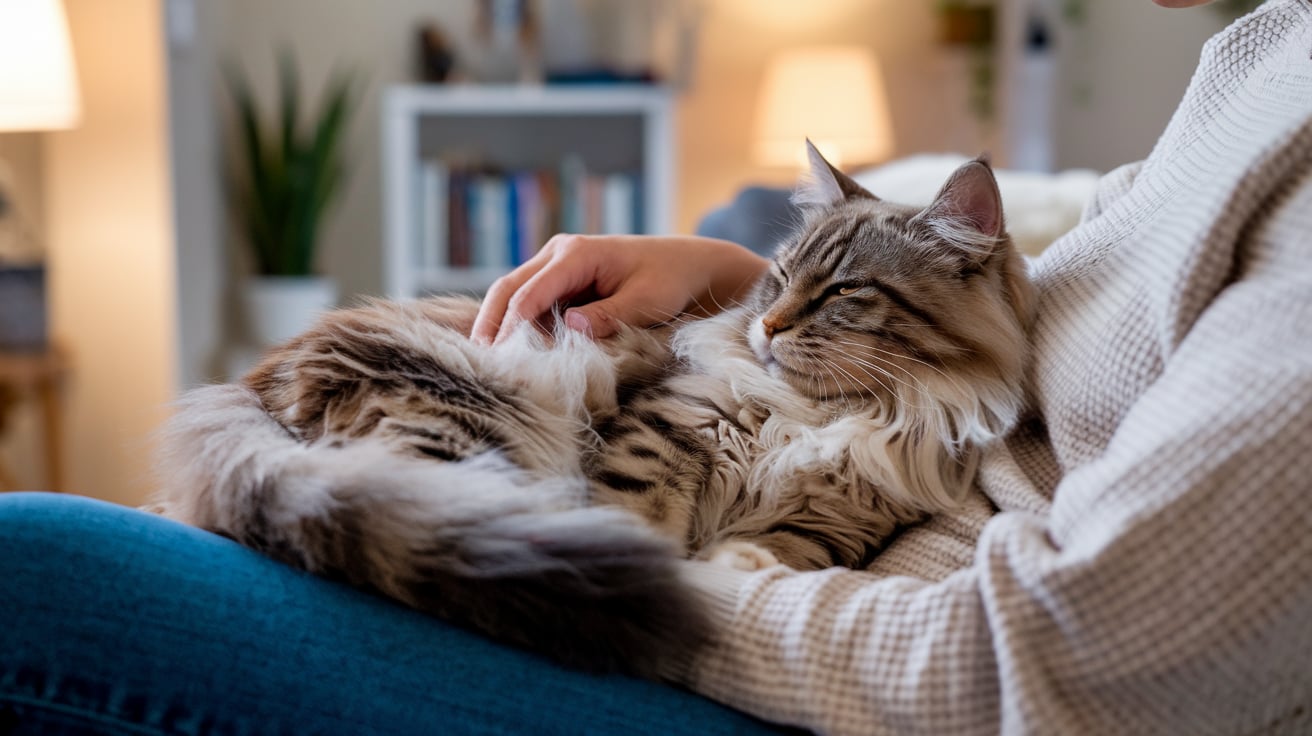 a maine coon cat curled up on owners lap