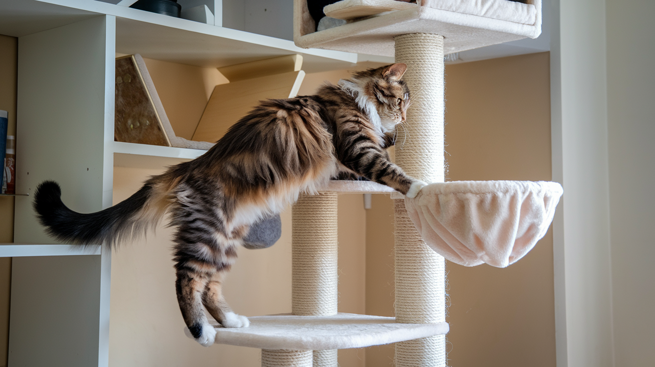 maine coon cat climbing a tree