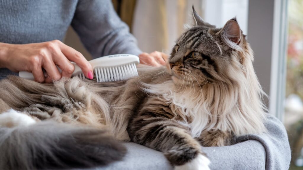 maine coon getting groomed