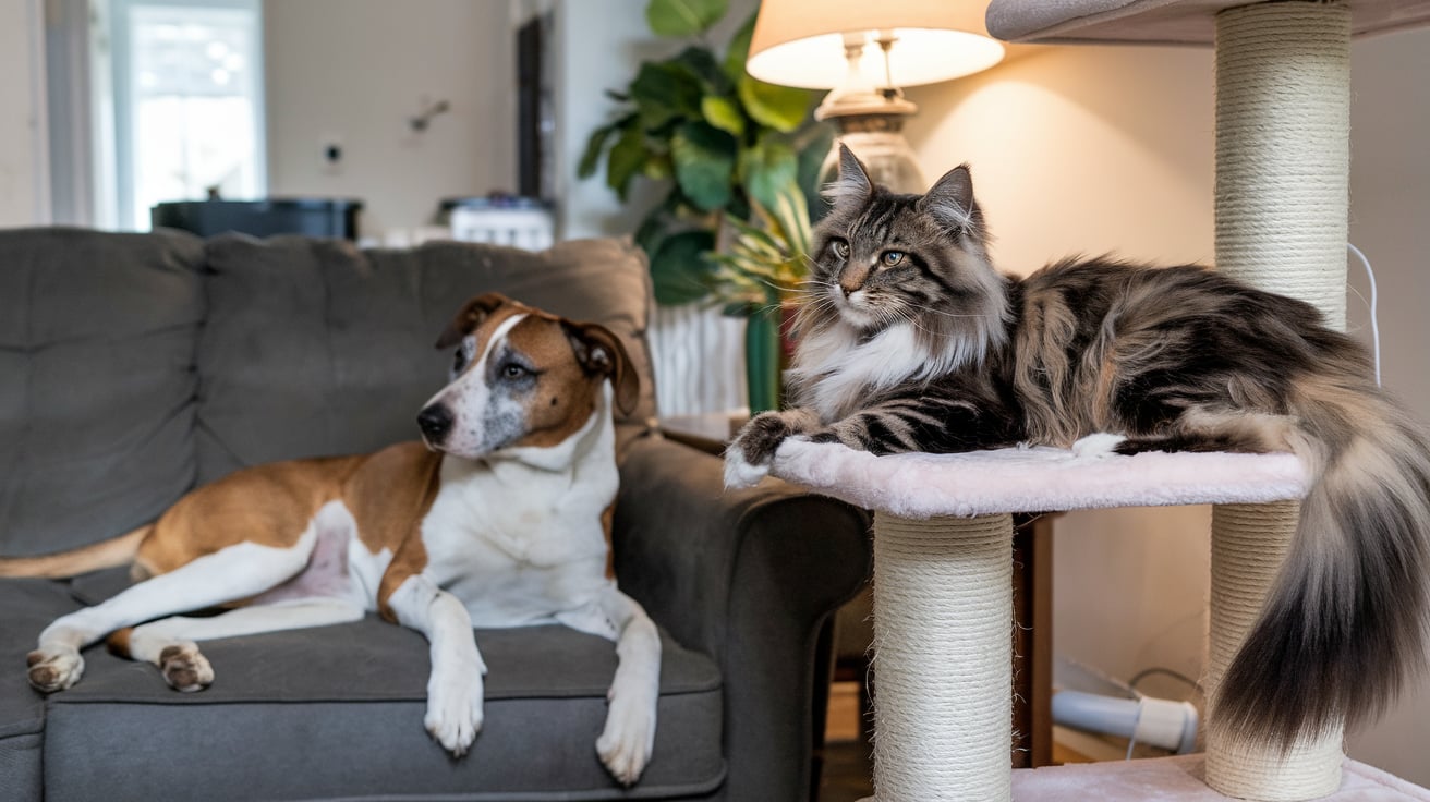 maine coon socialising with a dog