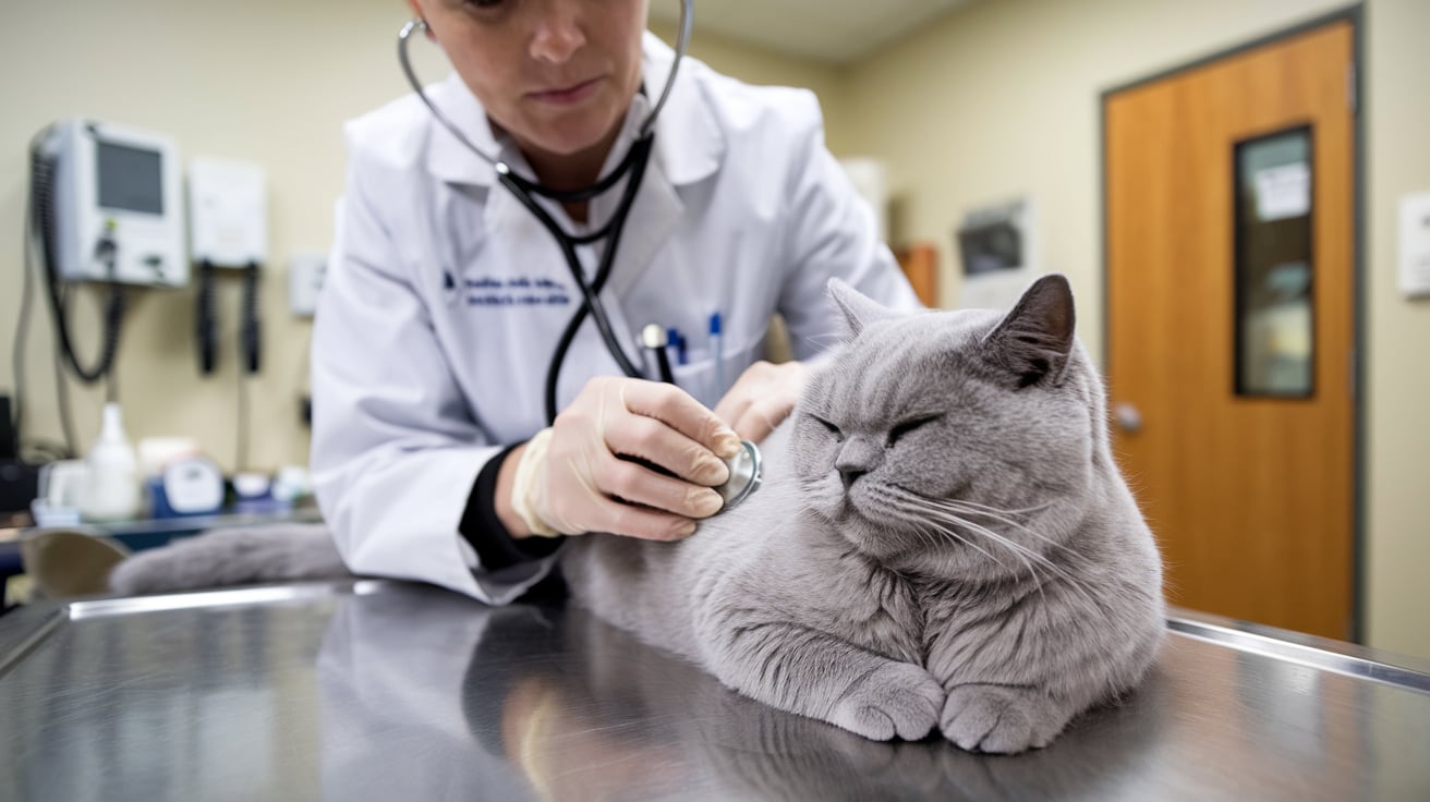 A British Shorthair cat being examined by a vet, focusing on heart health and screenings for hypertrophic cardiomyopathy.