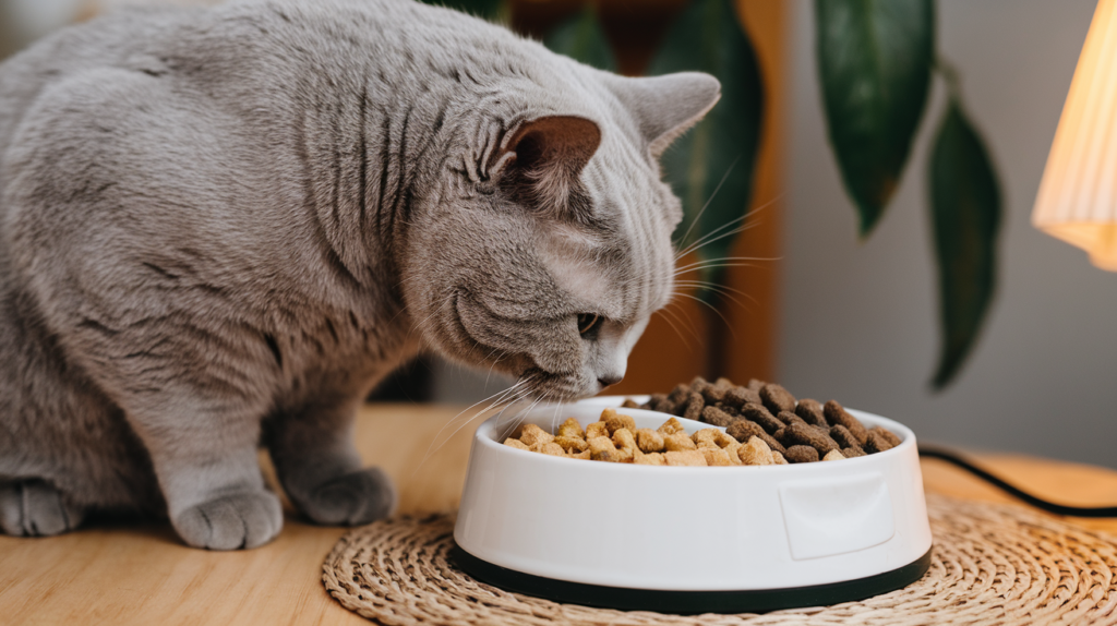 A British Shorthair cat eating from a bowl filled with high-quality cat food