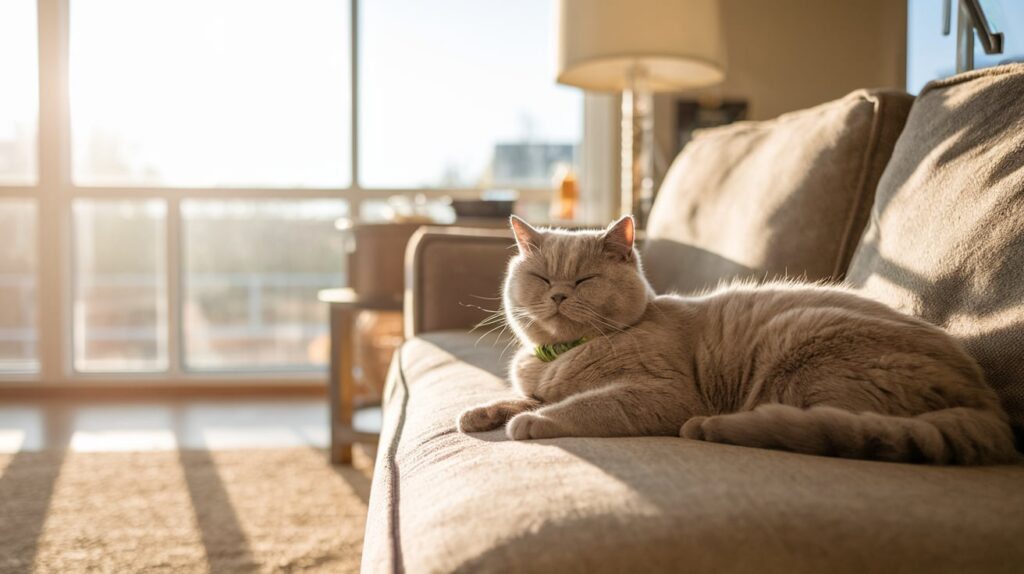 A British Shorthair cat resting on a couch in a bright living room, looking relaxed and happy