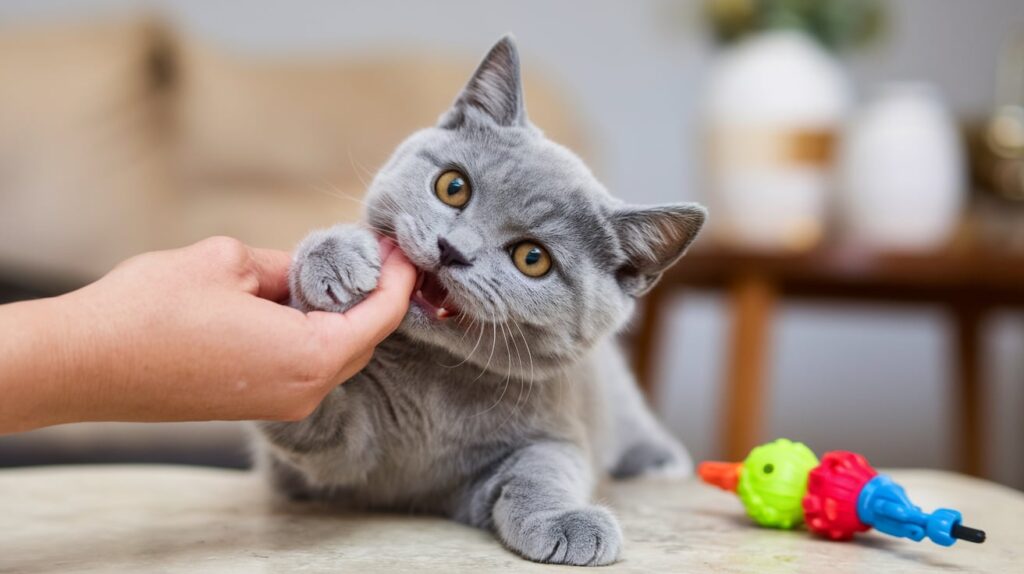 A British Shorthair kitten playfully nibbling on a person's hand