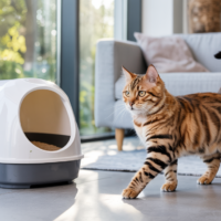 A clean and modern home interior with a well-maintained cat litter tray in the corner