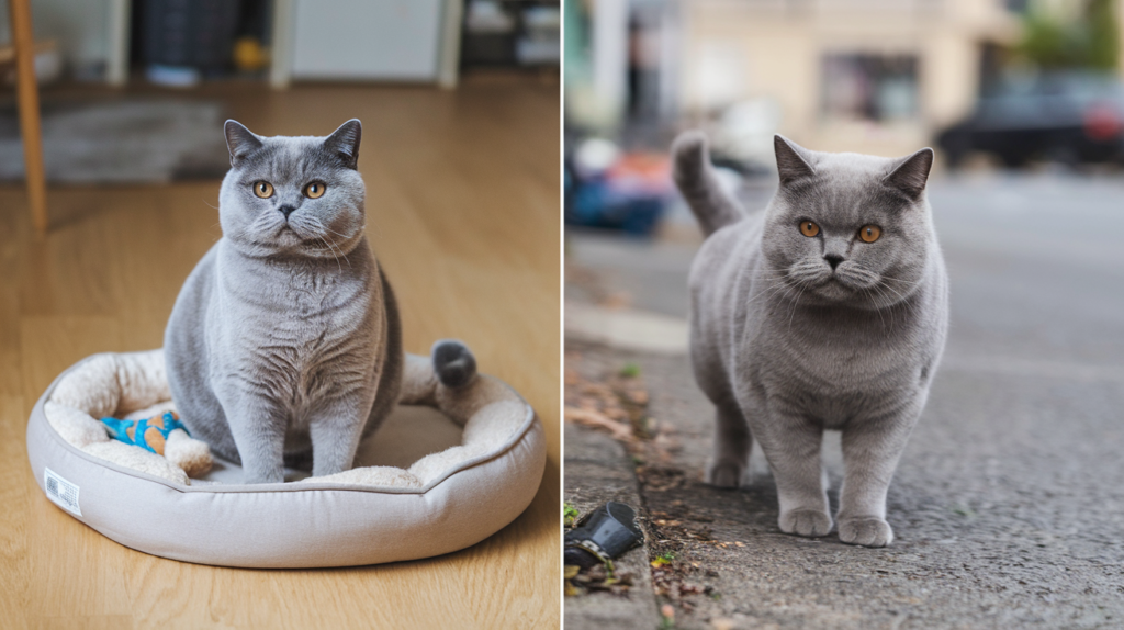 A comparison of an indoor British Shorthair on a cozy bed versus an outdoor British Shorthair near a busy street.
