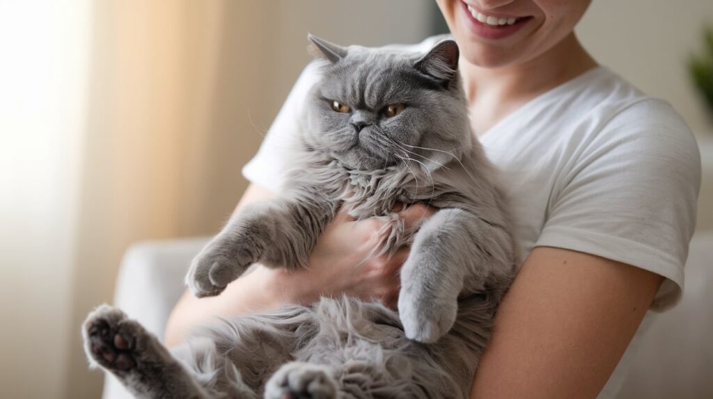 A person gently holding a British Shorthair in their arms