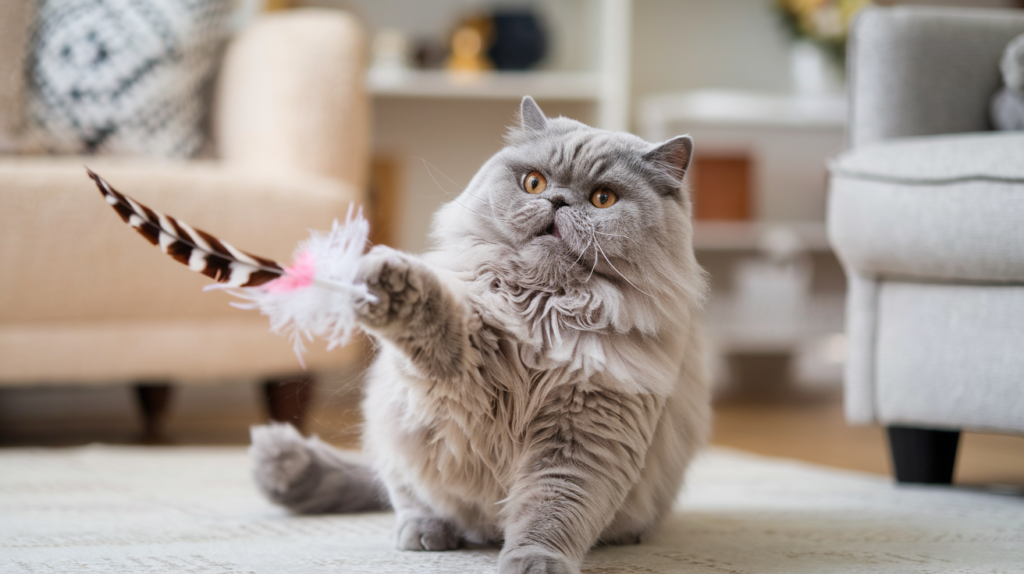 A playful British Shorthair swatting at a feather toy