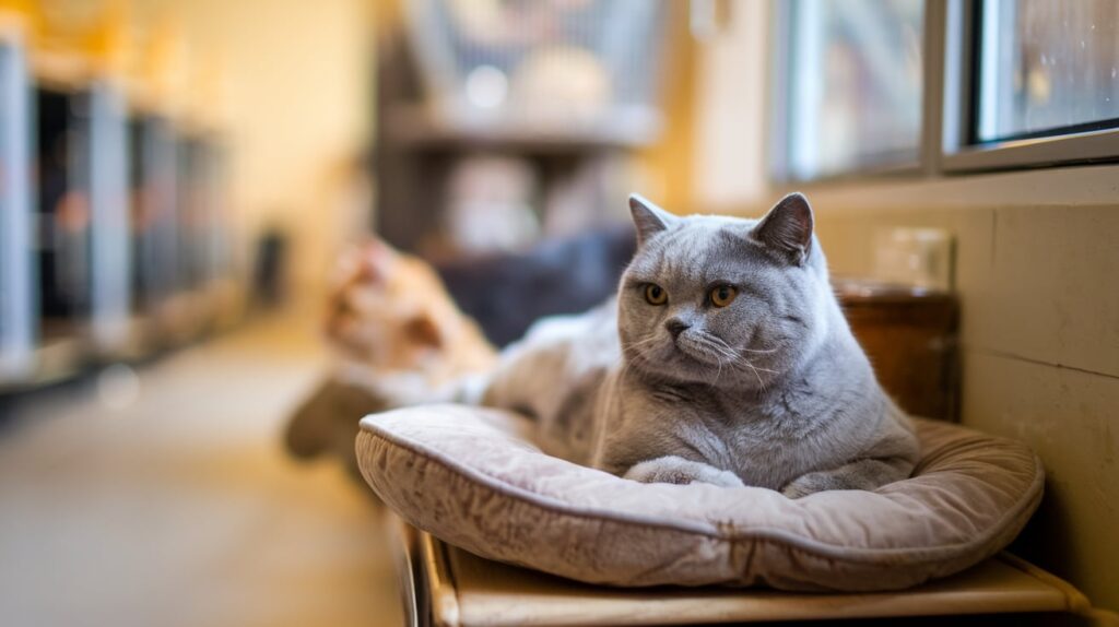 Adult British Shorthair cat in a shelter, highlighting adoption opportunities from UK rescues.