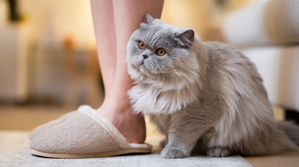 British Shorthair cat rubbing its head against a person's legs
