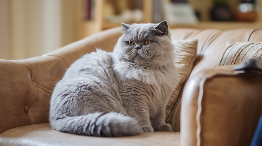 British Shorthair cat with dense blue-gray fur sitting on a cozy couch