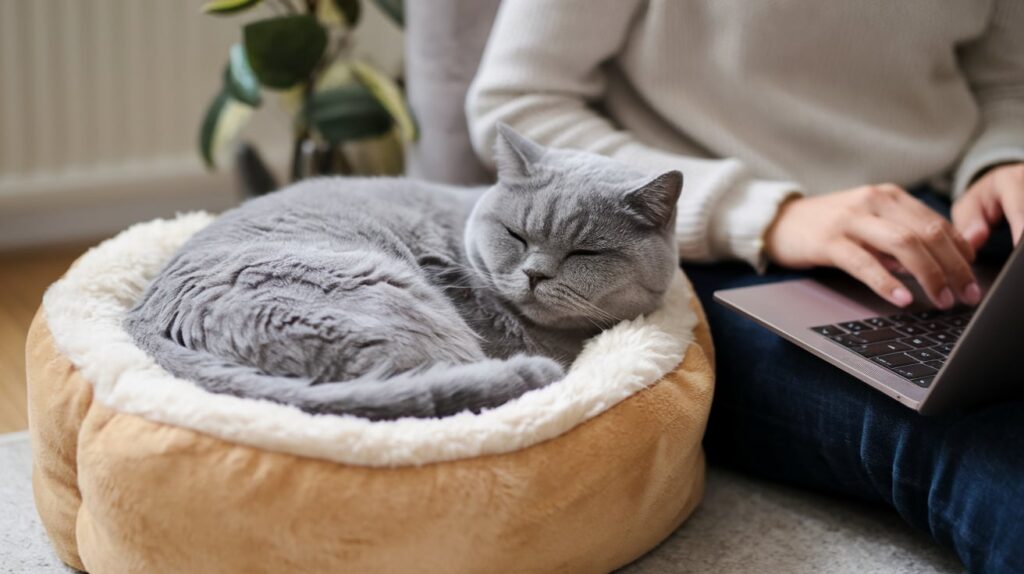 British Shorthair curled up in a soft, plush cat bed beside a person working