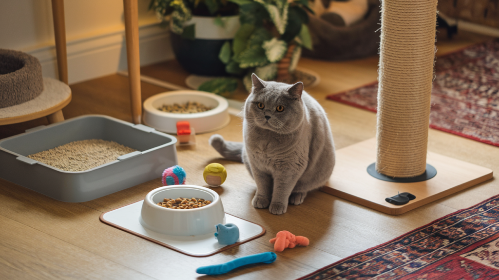 Home setup with essentials for British Shorthair cat, showcasing preparation for a new feline friend.