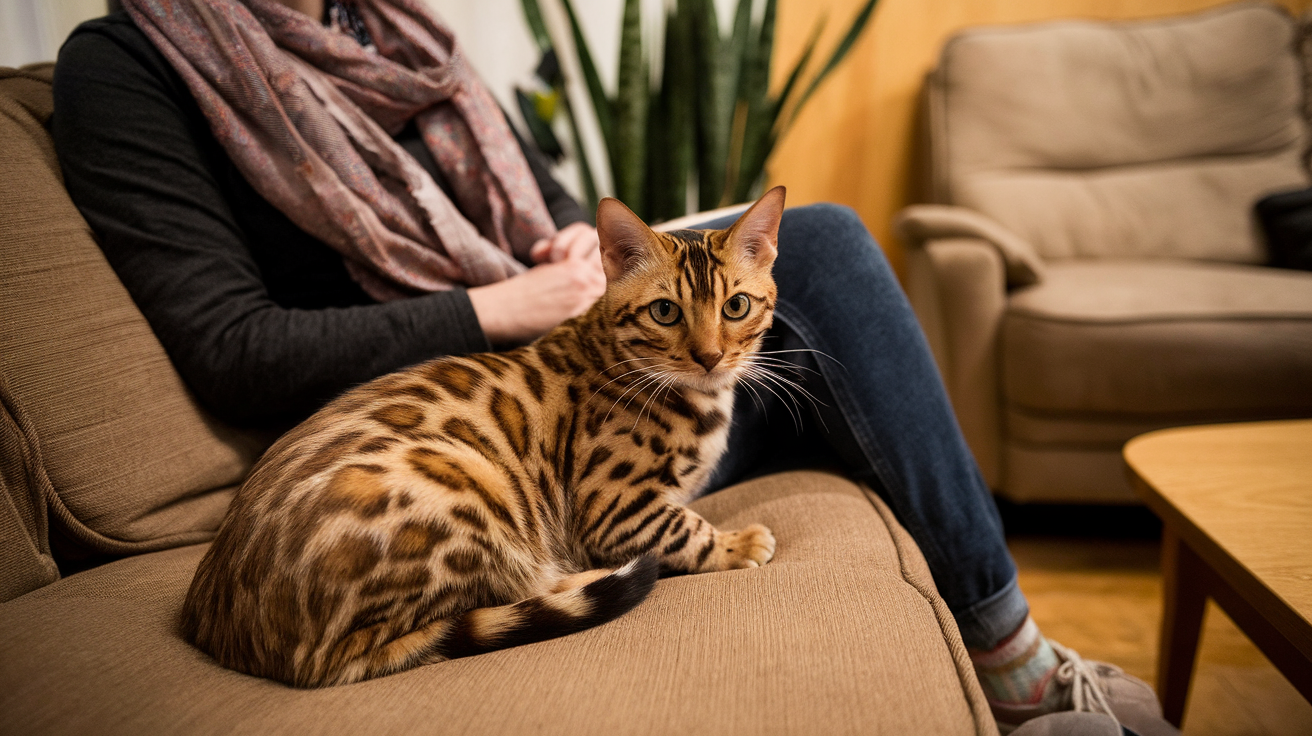 bengal cat on sofa with owner