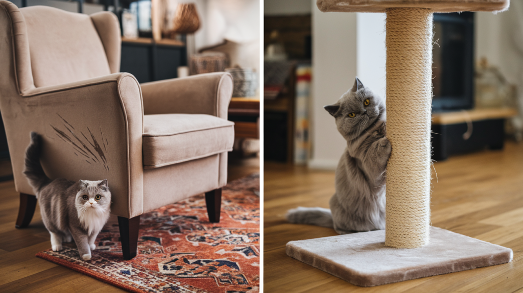 A well-loved armchair with visible scratch marks on the side, and a British Shorthair cat standing nearby with its paws resting on it. In contrast, another image of a sturdy scratching post shows a British Shorthair happily using it instead