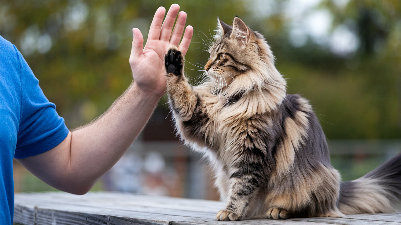 maine coon cat giving a high five