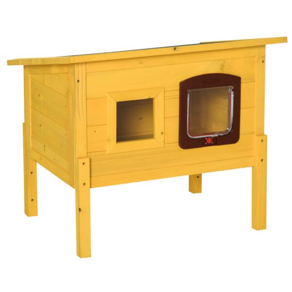 Wooden Outdoor Cat Shelter with Roof, Window & Raised Base – Yellow