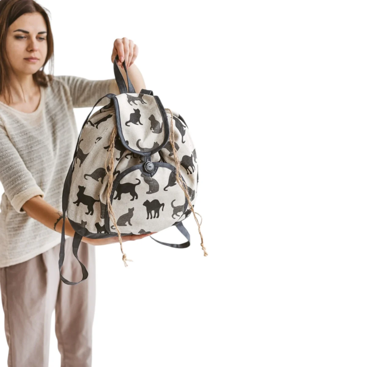 Woman Holding Cat Print Linen Backpack